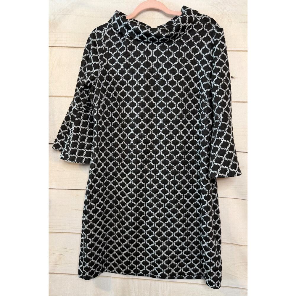 Tyler Boe Dress‎ LG Long Sleeves Black Blue Print Bell Sleeves Preppy Classy